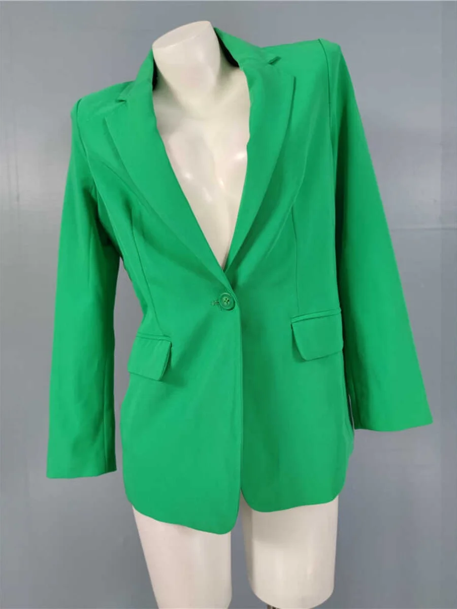 

Весенний новый стиль: зеленый приталенный пиджак с длинными рукавами на пуговицах для офиса, деловой стиль, подчеркивающий индивидуальность и темперамент, женская мода
