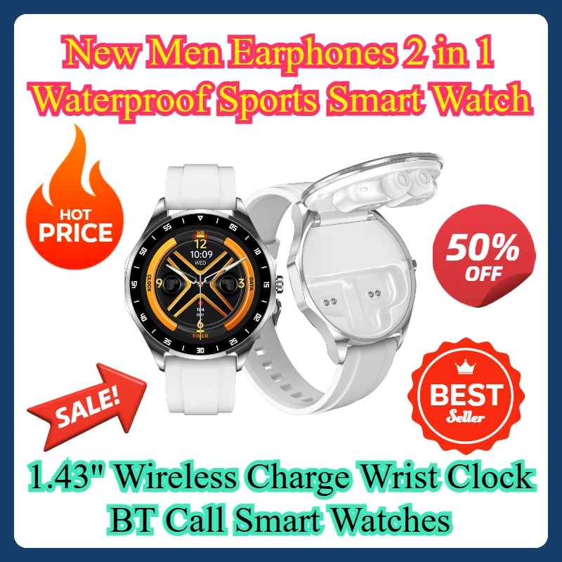 New Men Earphones 2 in 1 Waterproof Sports Smart Watch 1.43'' Wireless Charge Wrist Clock BT Call Smart Watches