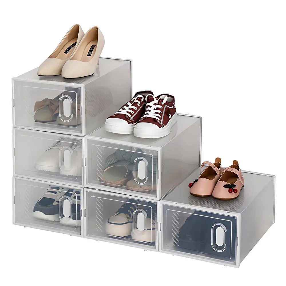 

6pcs Shoe Storage Boxes Clear doors Stackable Clamshell Plastic Design Display Cabinet Portable Torage Cabinet Shoe Rack, White