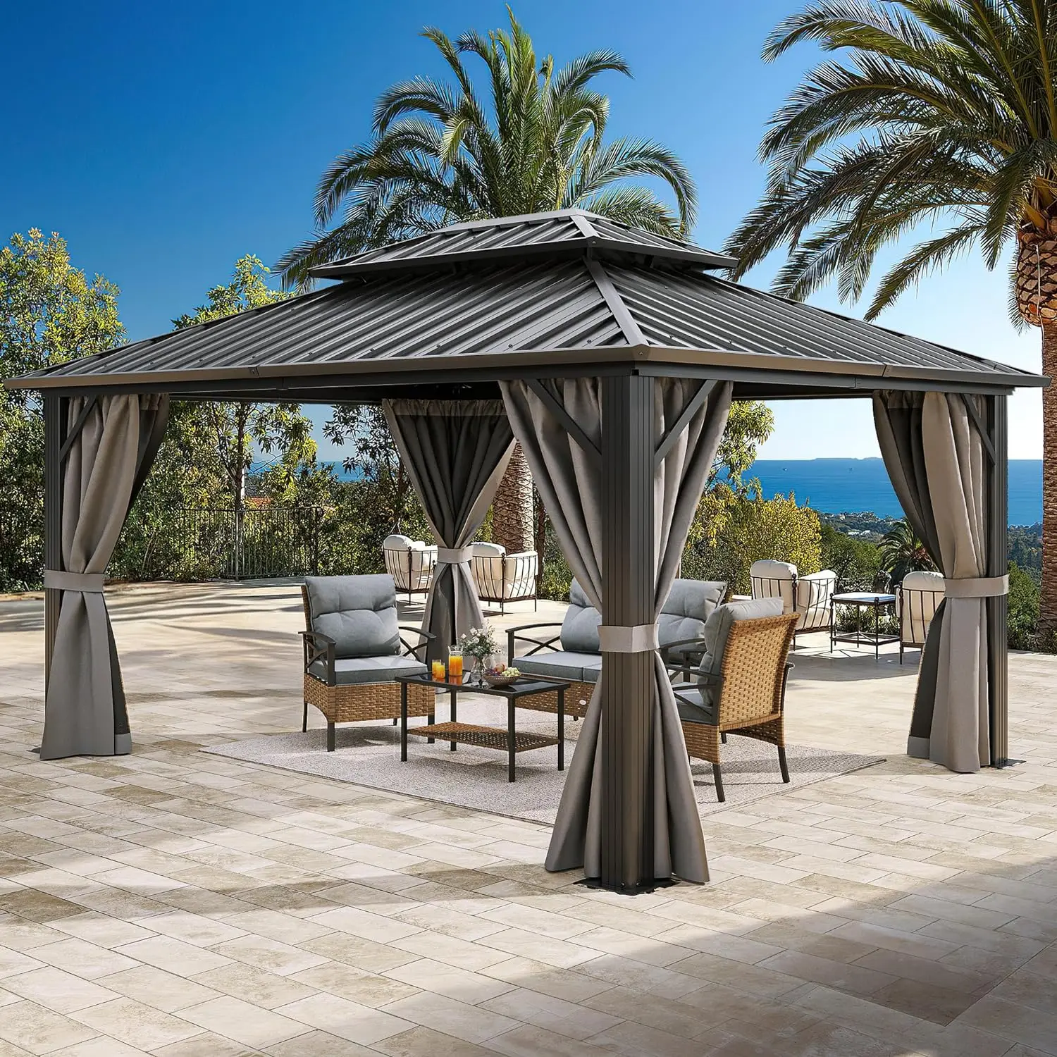 

10x12 ft Hardtop Gazebo Gazebos for outdoor, Gazebo with metal roof Stripe Roof , pergola with Nettings and Curtains