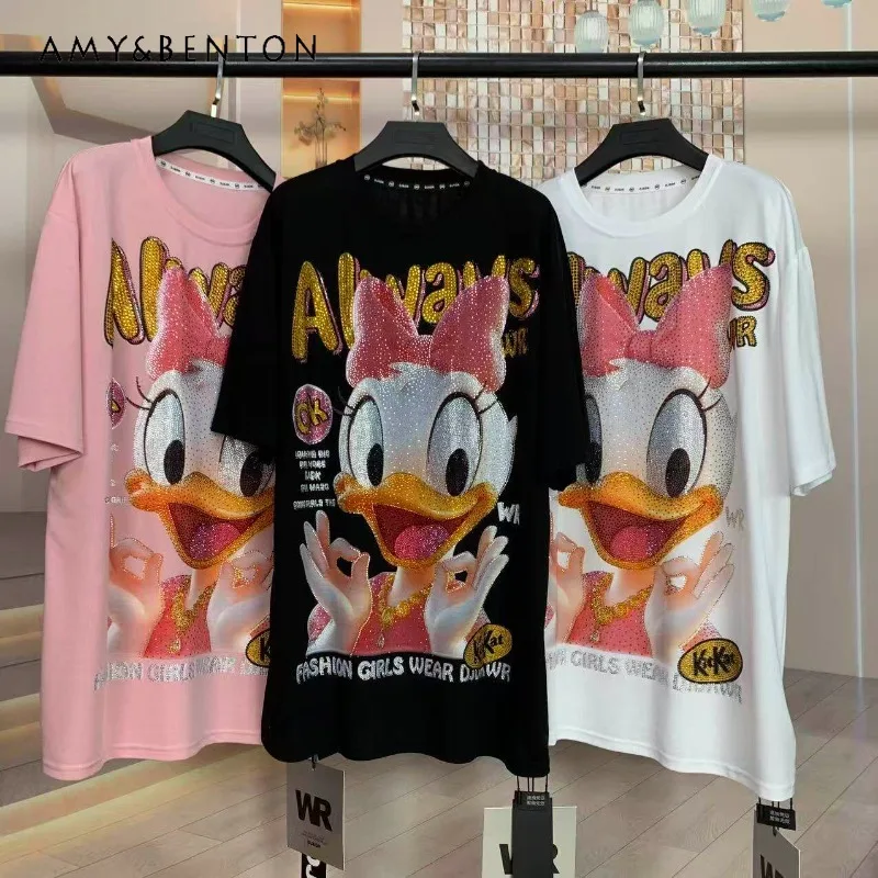 

Summer New Arrivals Heavy Rhinestone-embellished Cartoon Design Y2k Tees Oversized Mid-length Short-sleeved T-shirt For Women