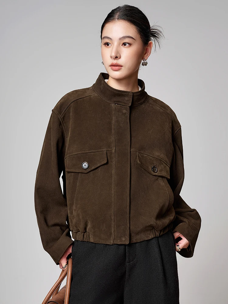 

Vintage Short Genuine Leather Motorcycle Jackets for Women Spring Autumn High-end Simple Slim Deer Texture Real Goatskin Coat