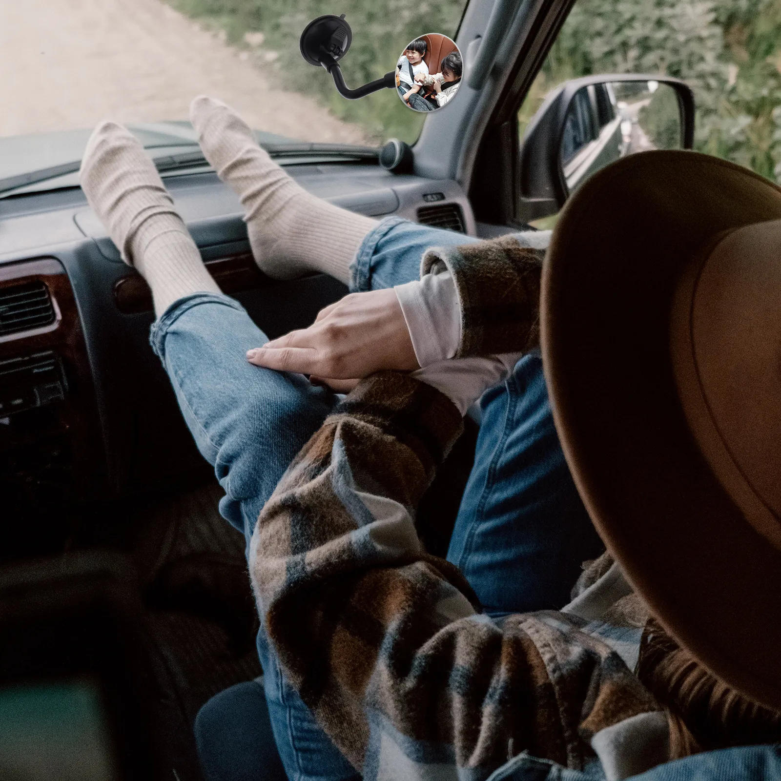 車用広角インテリアバックミラー、吸盤式グースネック調整可能、死角検知凸面ガラス、赤ちゃん用