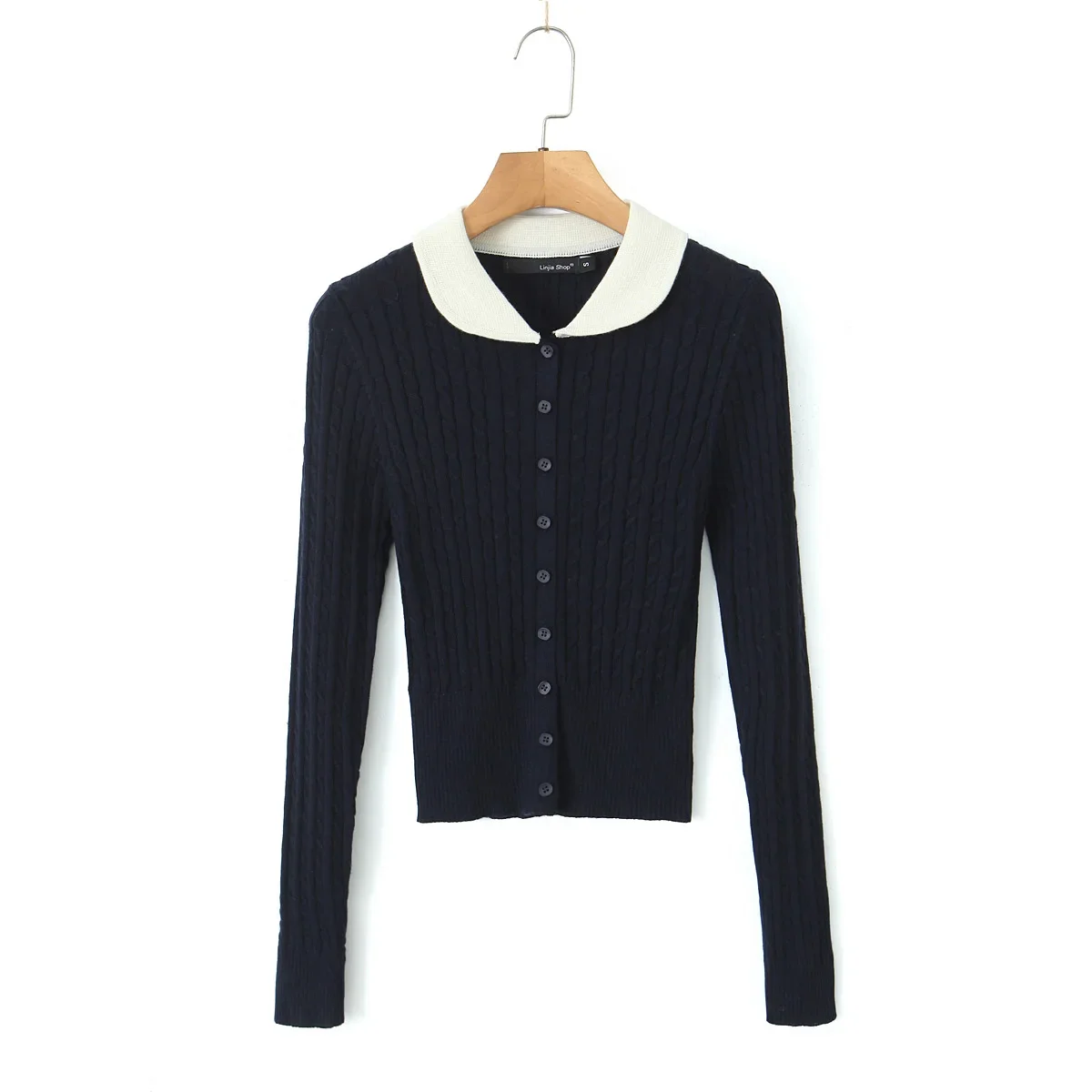 Suninheart Women Contrast Color Lapel Collar Cable Twist Knitted Cardigan Center Buttons Sweater Full Sleeve Short Jumper Navy