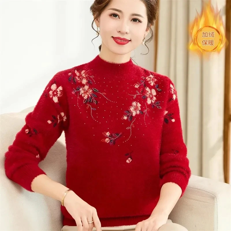 Mutter Herbst und Winter verdicken Nachahmung Nerz Fleece bestickt Pullover Mode Pullover Diamanten Inlay gestrickt Dame warm