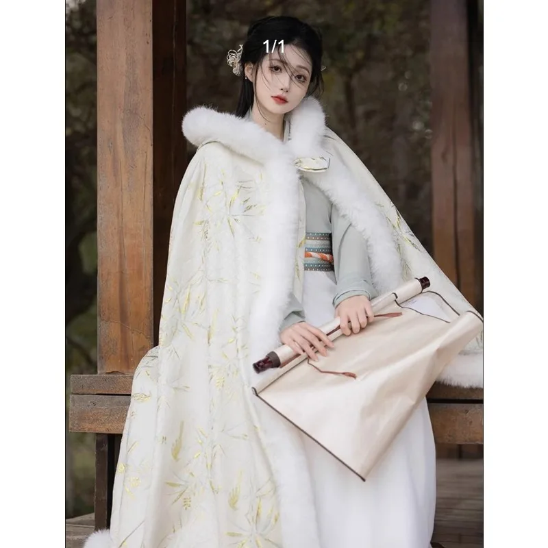 الشتاء Hanfu كيب طويل الشتاء شال القديمة زي معطف سميكة الرأس مع قبعة ملابس خارجية جديدة معطف خارجي فردي عصري