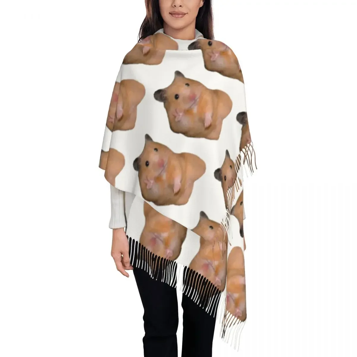 

Хамяк-мем со знаком мира, шарф, шарфы с кисточками, женские мягкие теплые шали и накидки, большая осенне-зимняя шаль