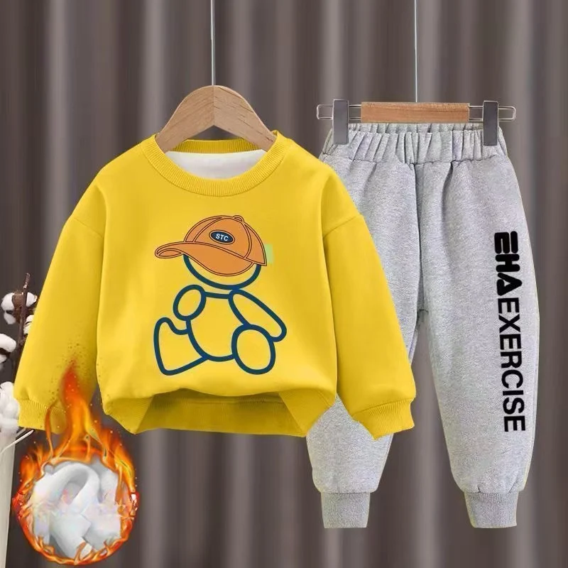 Kids Clothes Boys & Girls Autumn fleece-lined Top & Pants 2 Pieces Sets Teenage Boy & Girl Winter Cartoon Bear Tracksuit Outfit