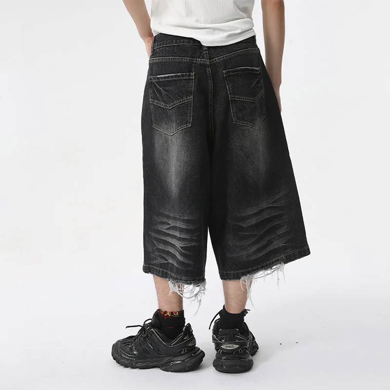 Hip Hop Baggy Loose Denim Shorts Ripped Vintage Streetwear Jeans Shorts For Male Black