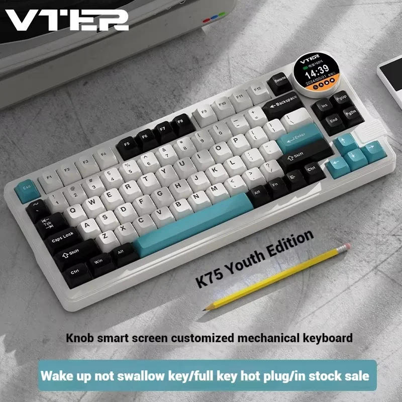 VTER K75 Mechanical Keyboard Wireless Gaming Keyboard 87 Keys Tri-Mode Knob Display Screen Hot Swap Gasket Rgb Valorant Esports