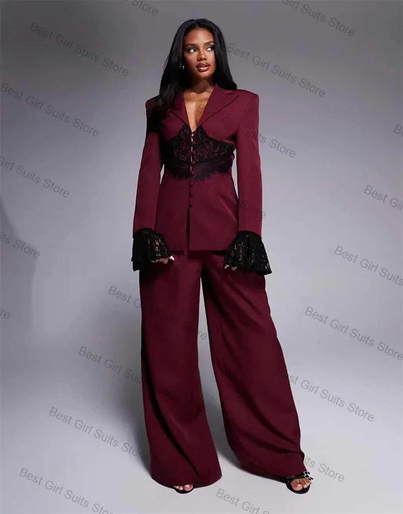 

Burgundy Women Suit Set 2 Pcs Lace Blazer Pants Guest Autumn Cotton Formal Office Lady Jacket Customized Wedding Coat Trousers