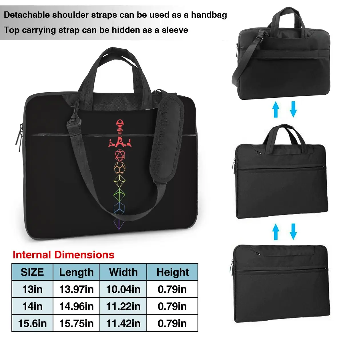 Rainbow Dice Sword Tabletop RPG Gaming Laptop Bag Shockproof Case Computer Bag 13 14 15.6 Inch Crossbody Notebook Pouch