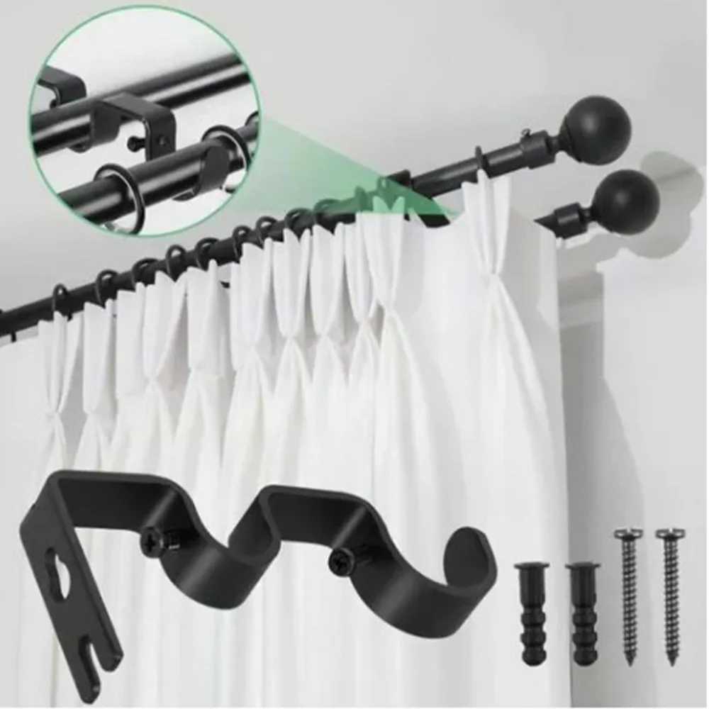 3Pcs Universal Iron Curtain Rod Bracket Black 12.2 x 5.3cm Curtain Rod Hook Double Curtain Rod Bracket For Bedroom