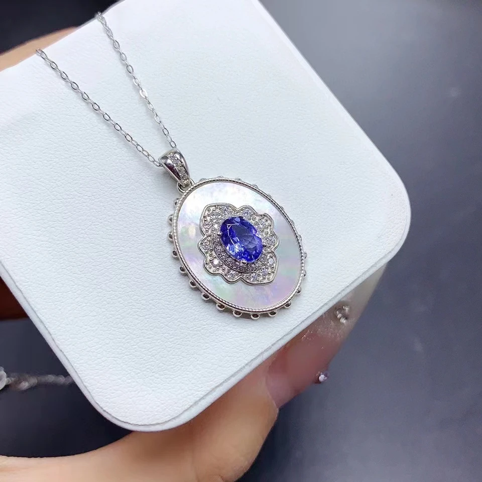 

925 Silver Natural Mother of Pearl Pendant with Gemstone 5mm*7mm 0.7ct Real Tanzanite Necklace Pendant with Gold Plated