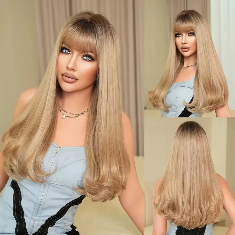 

Long Wavy Ombre Blonde Wigs with Bangs Natural Synthetic Wigs for Women Daily