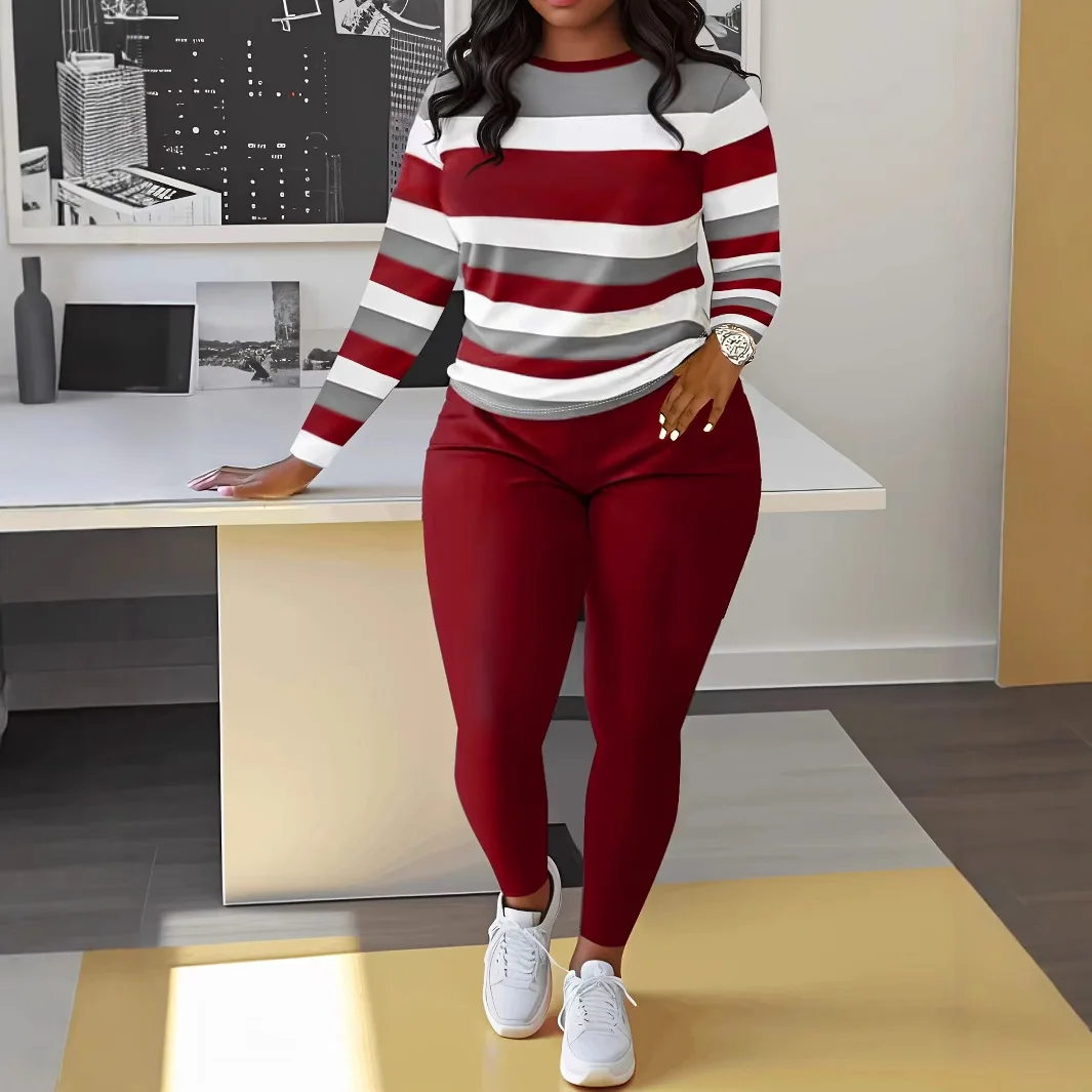 Abiti casual femminili Autunno New Fashion Stripes O-Collo Pullover Top e pantaloni Set da 2 pezzi per le donne 2025 Abiti donna Y2K Mujer