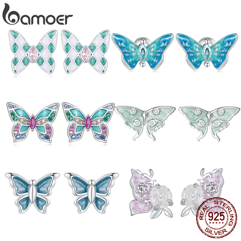 Bamoer 925 Sterling Silver Butterfly Original Stud Earrings for Women Zircon Ear Studs Fashion Insect Birthday Fine Jewelry Gift