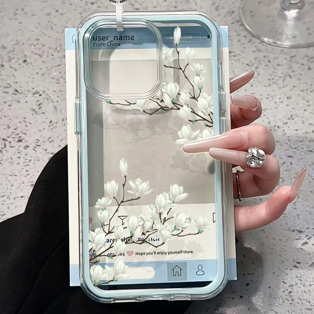 Magnolienblüten Transparente Handyhülle für iPhone 17 13 16 15 11 12 14 Pro Max 17 Air XR X Hülle Silikon 2 IN 1 Stoßfeste Weiche Abdeckung – Detail 3