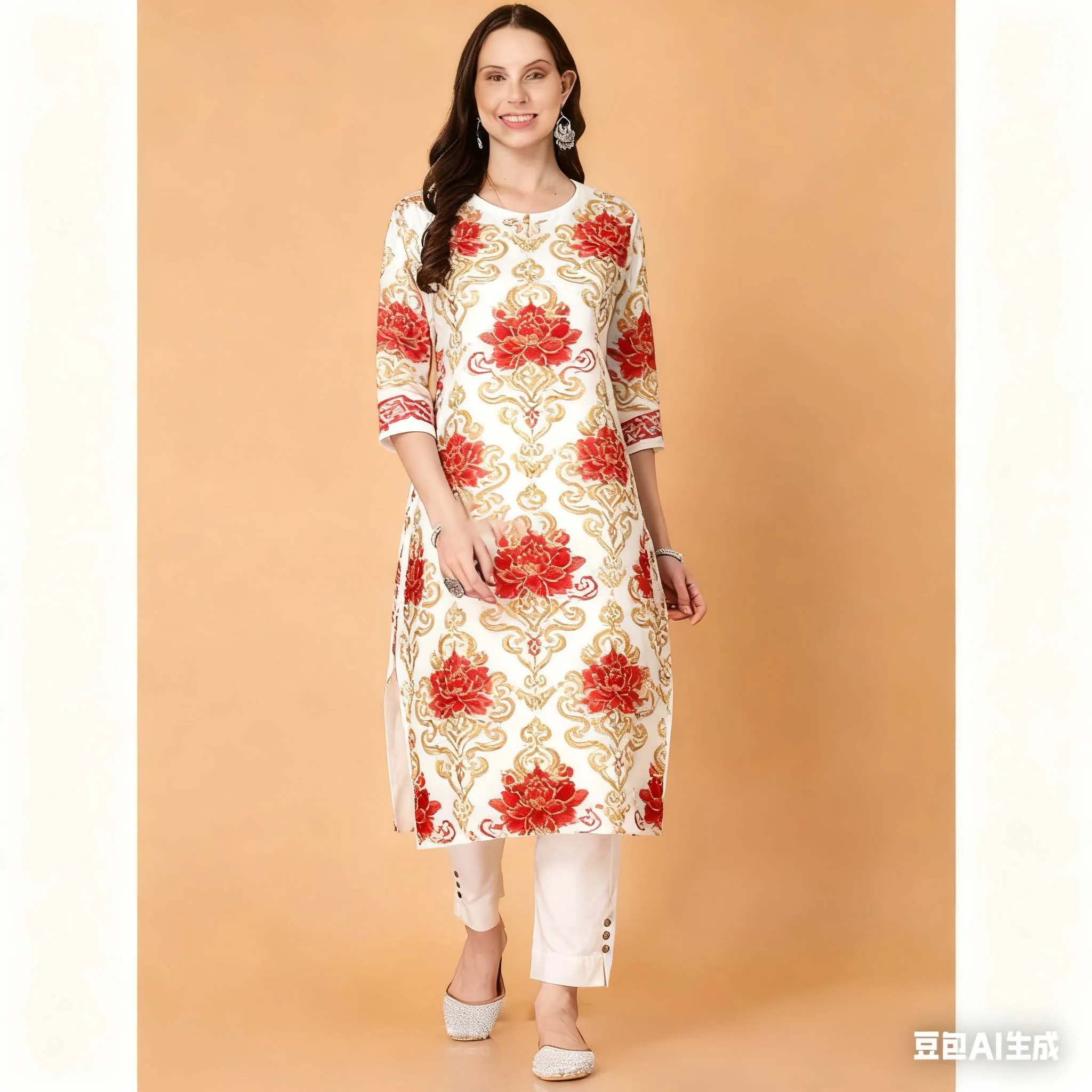 ชุดเดรสสไตล์ชาติพันธุ์แบบคุर्ตะสำหรับผู้หญิง ดีไซน์สบายๆ ชายเสื้อผ่าตรง ลายพิมพ์นกยูง แฟชั่นใหม่ สไตล์ลำลองแบบชาติพันธุ์ ชุดเดรสผู้หญิงแบบตุรกี