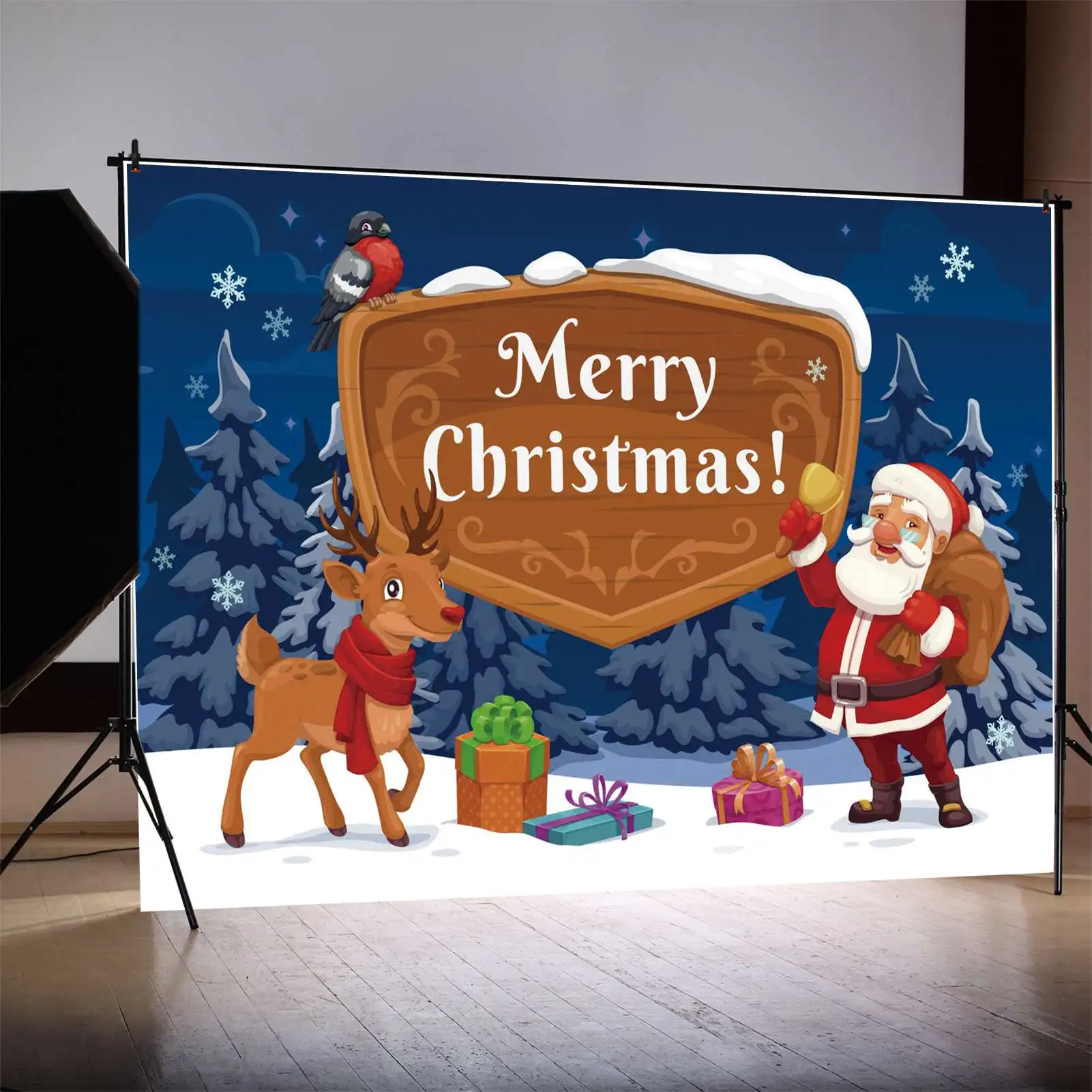 MOON.QG Backdrop Merry Christmas Wood Board  Baby Party Banner Santa Reindeer Background Blue Forest Snowflake Decor Photo Booth