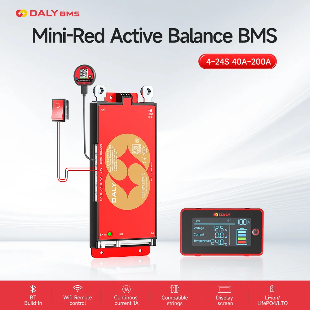 DALY Smart BMS 4S 8S 16S 40A 60A 100A 150A 200A 12V 24V 48V LiFePo4 1A Active Balance BMS with LCD RS485 UART WIFI KEY