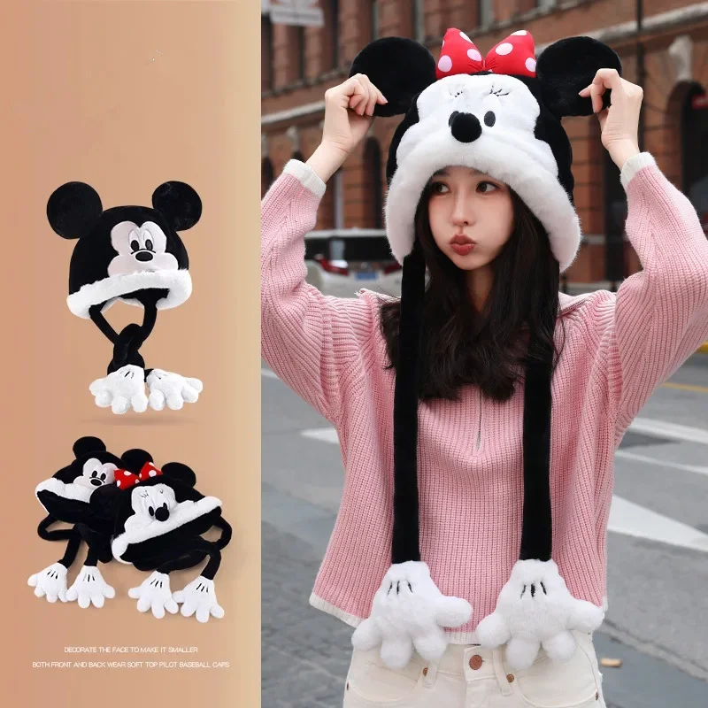 Disney Mickey Hat Sweet Women's Winter Thick Warm Furry Hats Cute Cartoon Minnie Donald Duck Outdoor Ear Protector Plush Hats