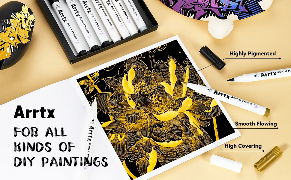 Arrtx Acryl-Farbstifte, 10er-Pack (4 Schwarz, 4 Weiß, 1 Golden, 1 Silber), Pinselspitzen-Farbmarker, geeignet für die meisten Oberflächen – Detail 5