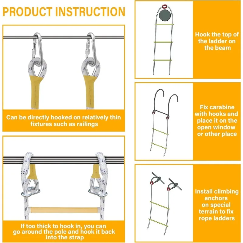 Escalera de escape contra incendios Escalera de cuerda de extensión de seguridad resistente a las llamas con 2 ganchos, hogares de 3 a 7 pisos Reutilizable Compacto Portátil