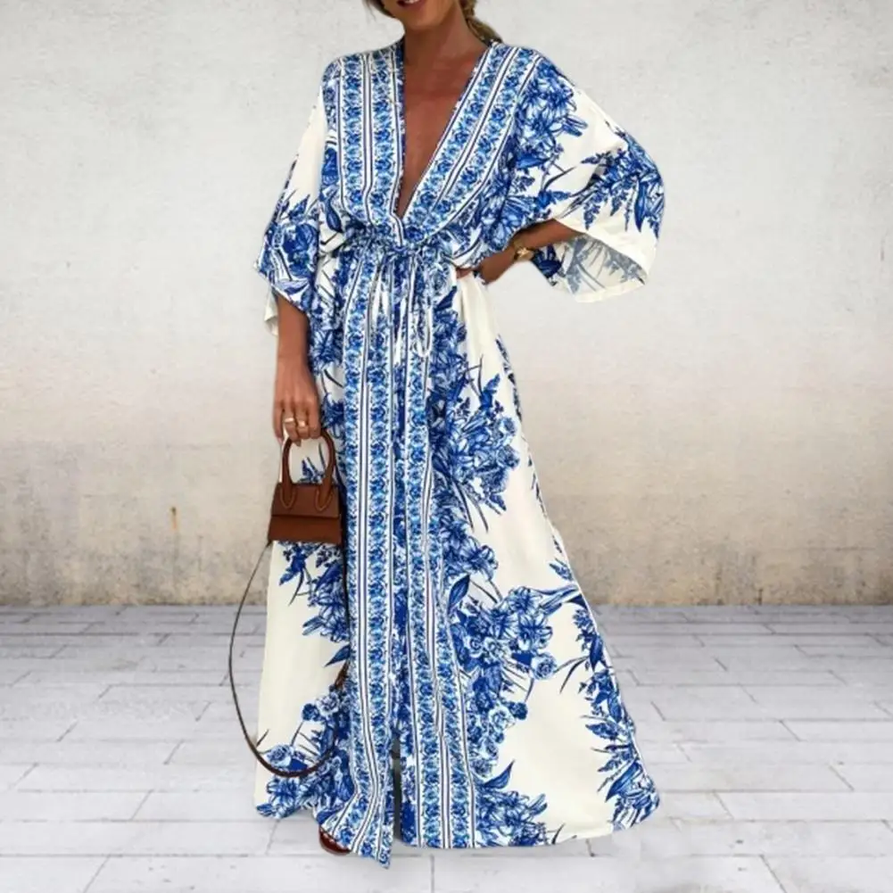 Classic Summer Beach Boho Retro Print Dress Soft Fabric Maxi Dress Summer Boho Print 3/4 Sleeve Midi Dress Streetwear