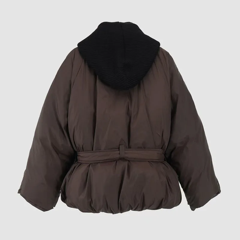 Veste d'hiver tricotée à capuche avec cordon de serrage, doudoune chaude et amincissante à la mode, veste ample pour femmes, nouvelle collection 2025