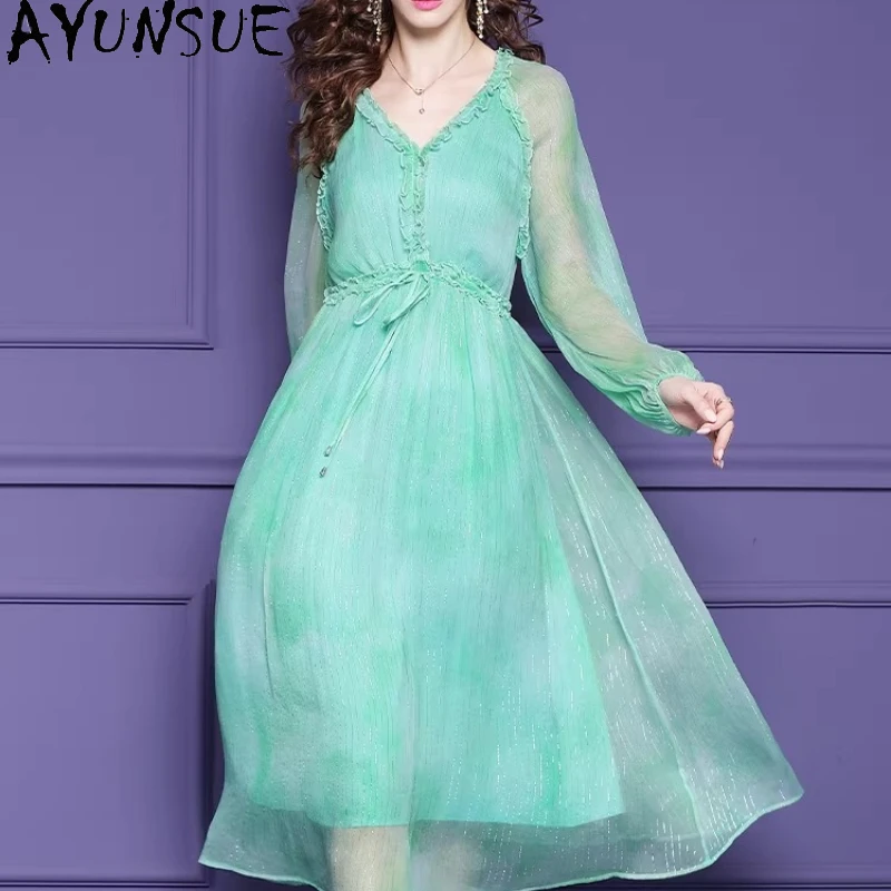 AYUNSUE 100% Natural Mulberry Silk Beach Dress Elegant Womens Dresses 2026 Summer Clothes Long Dresses for Women Платье Женско