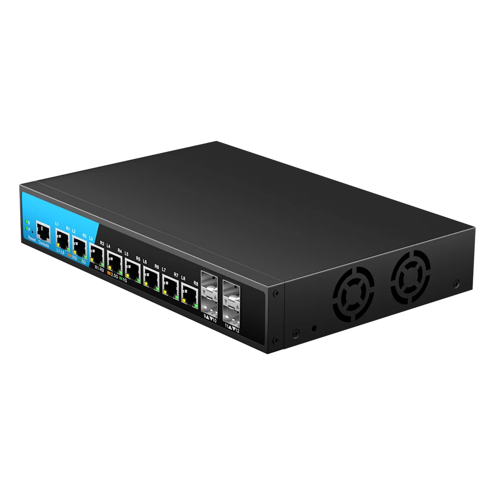 12-portowy zarządzany przełącznik Bullscom 10G Layer 3 |   8x RJ45 + 4x SFP+ Porty |   Rozkładowanie L3, VLAN, QoS |   Przełącznik Ethernet 10 Gb/s