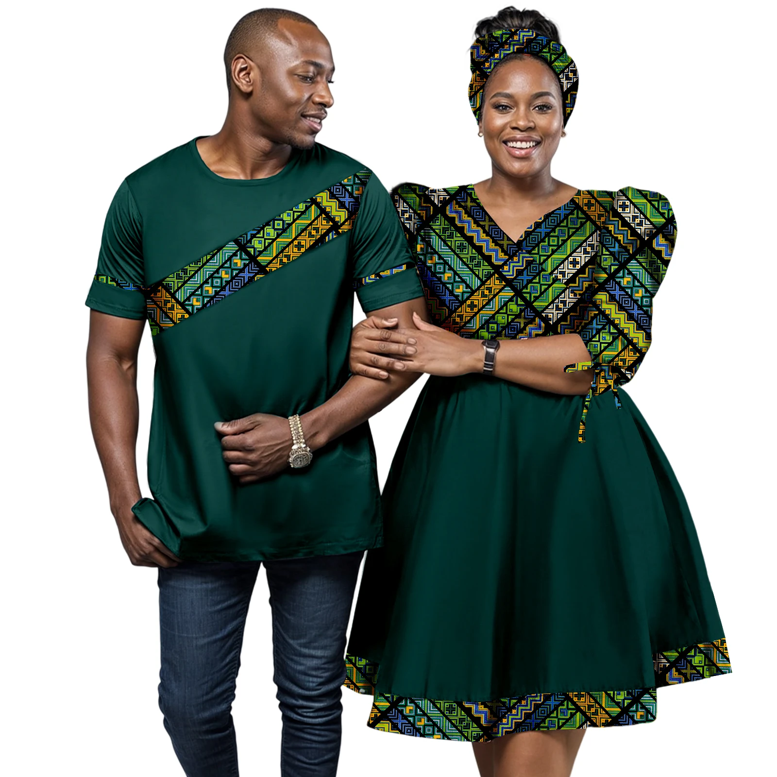 Women Print Dresses Casual Head Wrap Scarf Dashiki African Couple Matching Clothes Men Short Sleeve Shirt