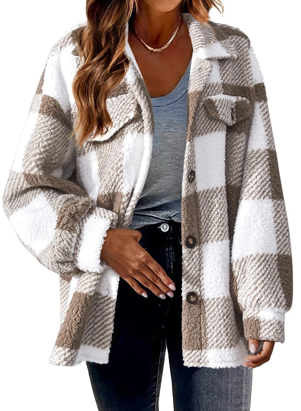 2024 Autumn Winter Plaid Faux Fur Coat Women Warm Soft Long Fur Jacket Outwear Plush Overcoat Pocket Buttons Cardigan with hood