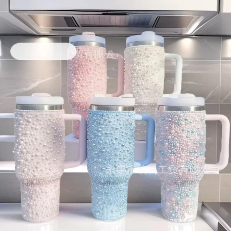 

Cross-border pearl diamond ice bar cup stone sticker car handle portable stainless steel insulated water cup