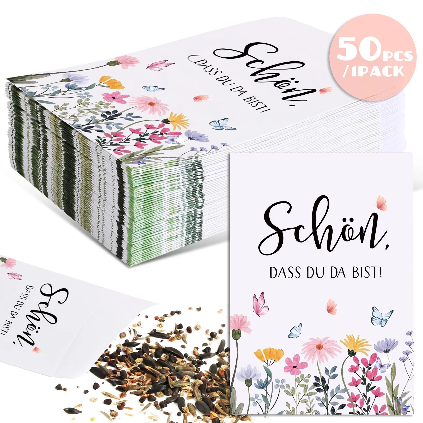 50 قطعة من أكياس البذور "Schon، Dat du daisst"، هدايا الضيوف، بذور الزهور، أكياس الهدايا، أكياس الورق، مزينة بتغليف بذور الزهور