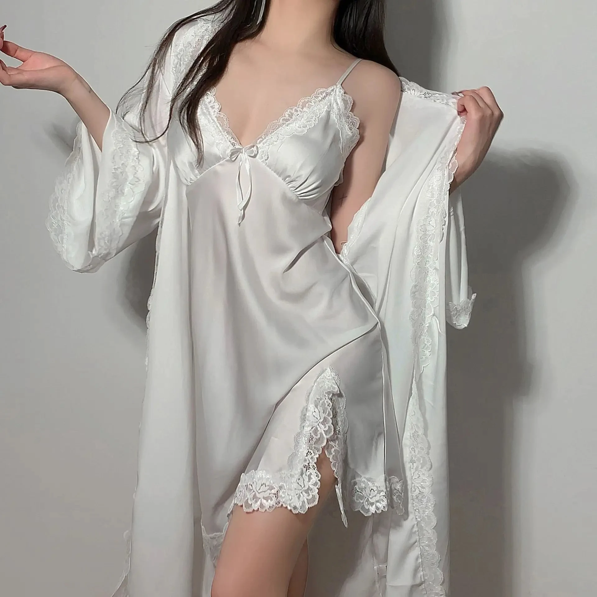 

Twinset Robe Set Women Lace Bathrobe Gown Suit Spring Summer Nightdress Kimono Lingerie Lady Rayon Sleepwear Loungewear