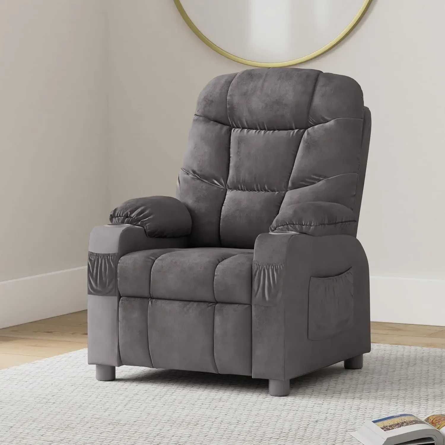 Big Kids Recliner for Ages 3+, Child Recliner Chair, Toddlers Recliner Sofa with Cup Holders (Velvet, Dark Grey)