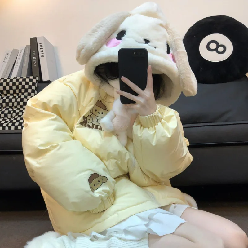 Bonito melodia pom pom purin bordado algodão acolchoado jaquetas com capuz para mulheres inverno para baixo casaco faculdade grosso solto roupas de casal