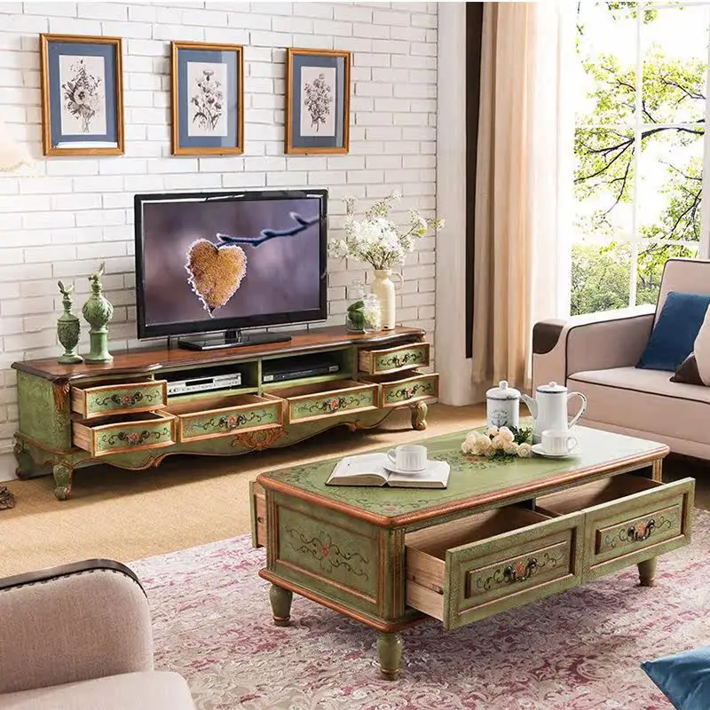 Mueble de TV de Lujo Verde Nórdico, Mueble de Madera Maciza Estrecho de 180 cm para Sala de Estar, Mueble de TV Vintage con Almacenamiento