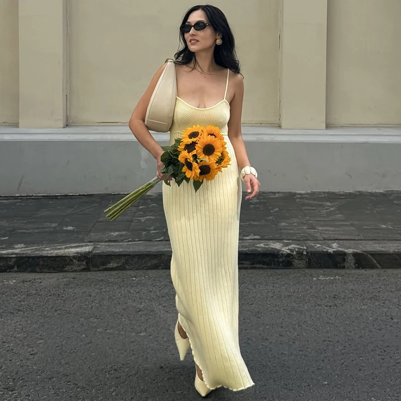 

Typhaland Sexy Knitted Sling Vacation Dress Women's Plunge Rib Knitwear Long Dress Elegant Slim Female High Waist 2026 New