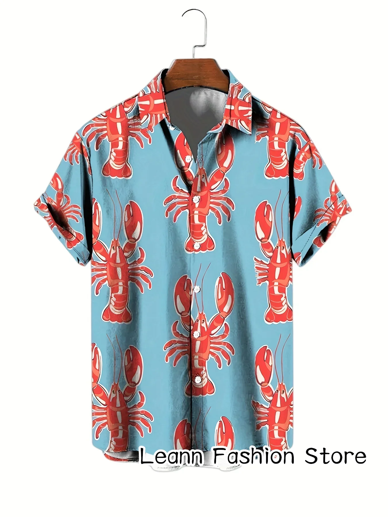 Camisa de praia de caranguejo estampada com lagosta, manga curta, camisa de lazer, férias havaianas, casual, moda verão