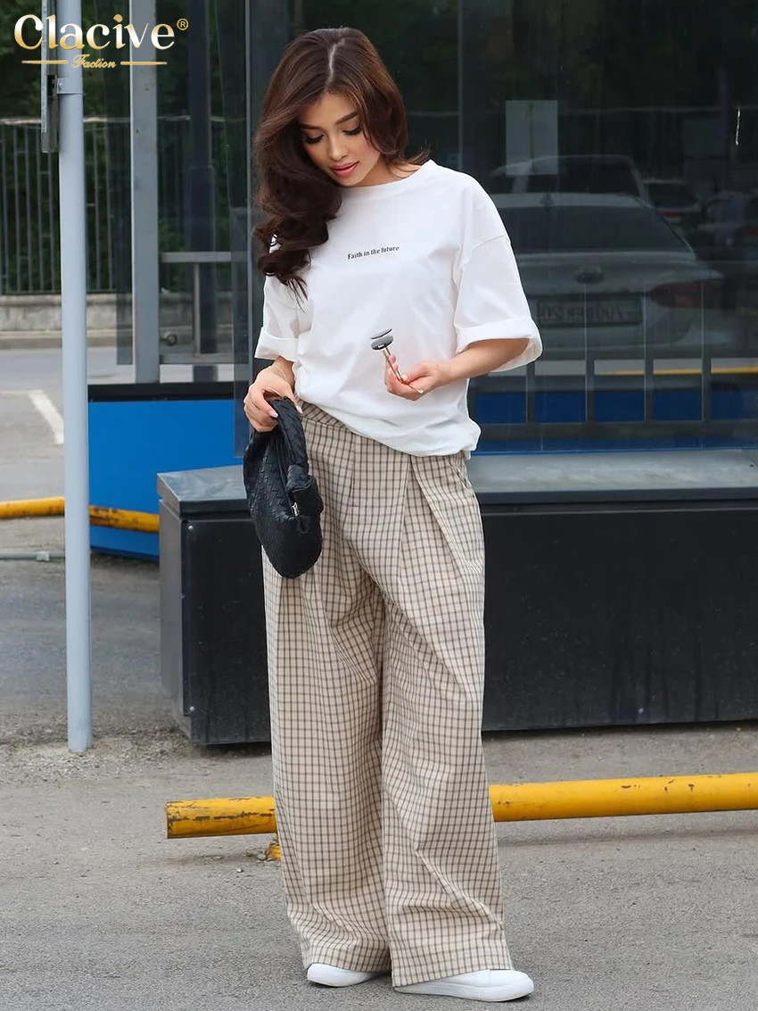 Clacive Fashion Loose Plaid Print Women's Pants 2025 Casual High Waist Wide Trousers Elegant Classic Pants Female Clothing