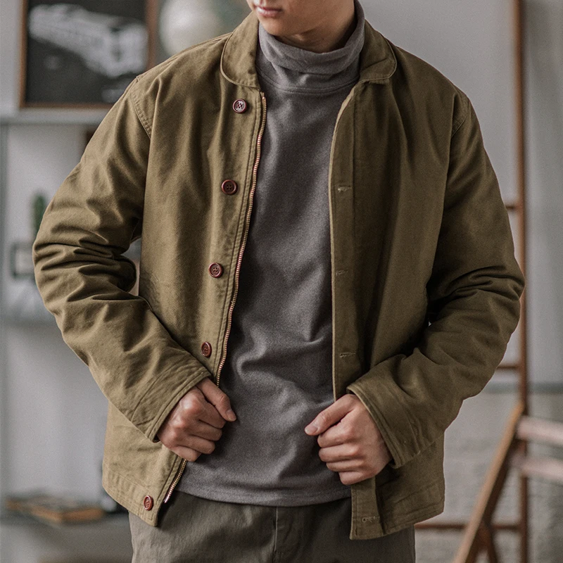 Indigo Amekaji Retro Autumn and Winter Locomotive Jacket Mole Skin Texture British  Collar Heavy Army Green Outerwear