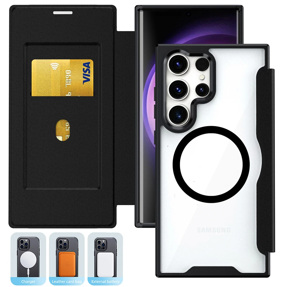 

Luxury Clear TPU Base Magsafe Leather Case for Galaxy S25 Ultra S23 FE S24 Plus A13 A14 A24 A34 A54 Wireless Charging Flip Cover