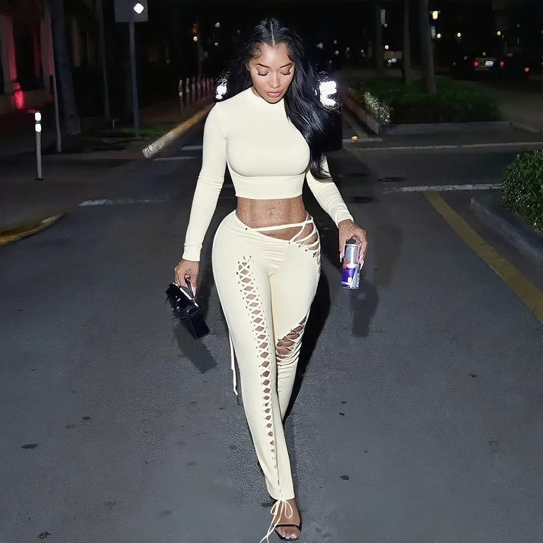 

Women Solid Slim 2 Piece Set O Neck Long Sleeve T-shirts Crop Tops + Grommet Lace Up Hollow Out Pencil Pants Y2k Streetwear Suit