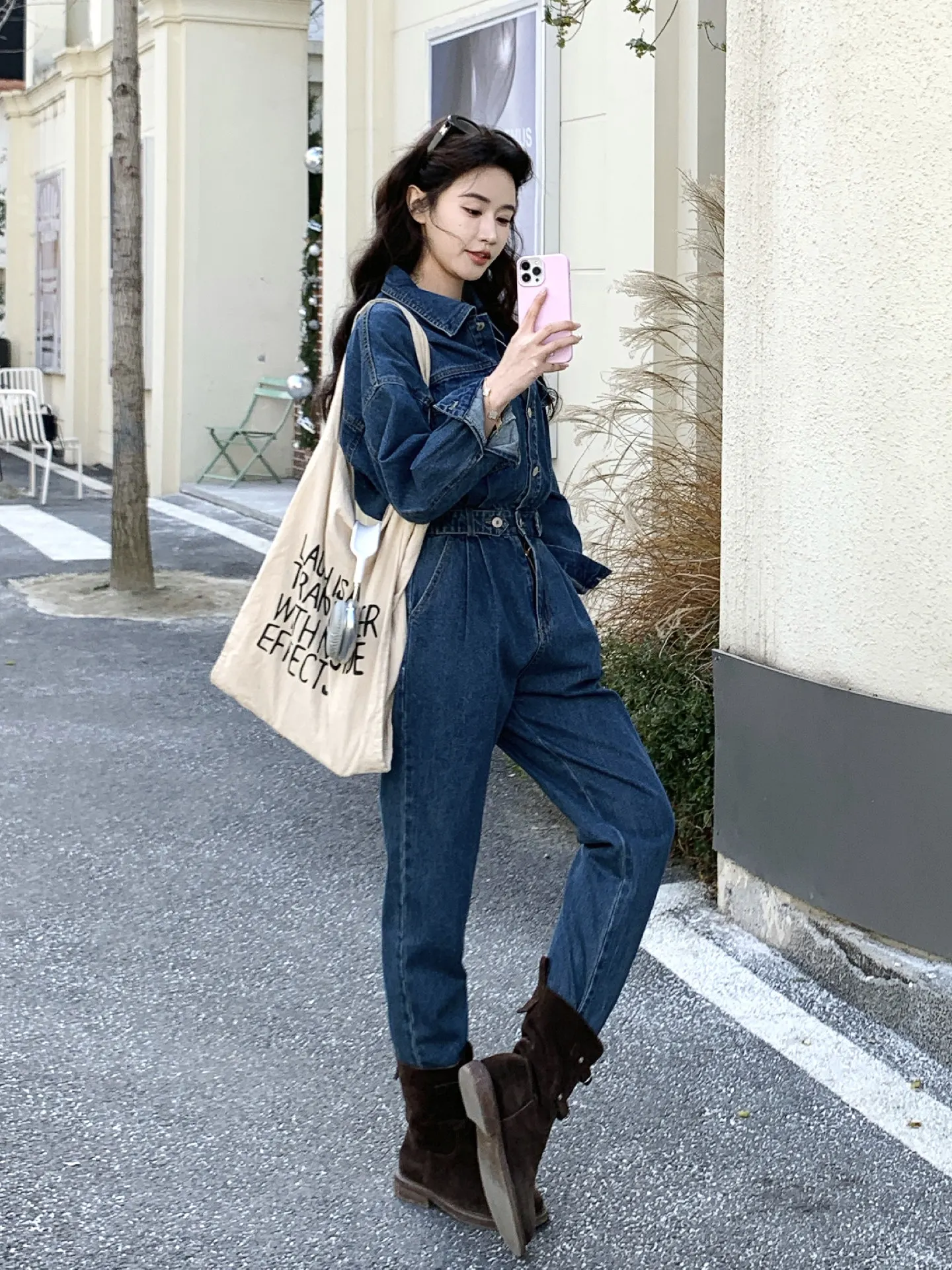 

Korean Sle Sweet Cool Denim Overalls Women's High Waist Special Design Faionable Body a Spring New Arrival