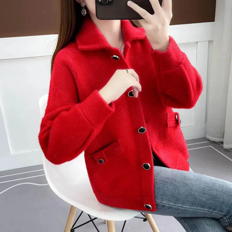 Autumn Winter Women Sweater Cardigan Coat New Single-Breasted Short Jacket Female Imitation Mink Velvet Jacket Knitted Sweater