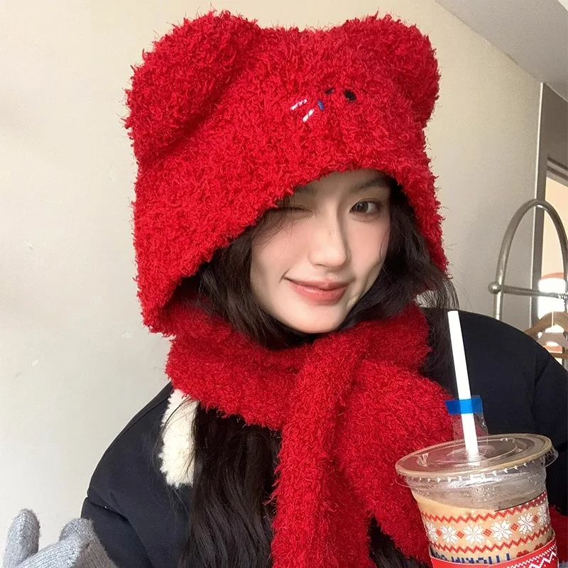 

New Cute Bear Ears Plush Hat Scarf Integrated Balaclava Hat Winter Ear Protection Warm Cover Knitted Beanie Cap for Women Bonnet