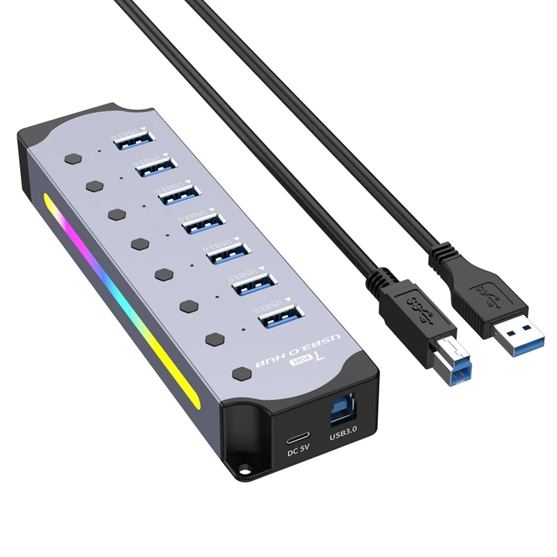 USB 3.0 허브, LED 스트립이 있는 7 포트 RGB 허브, 동적 모드, 스위치, PC용 알루미늄 케이스 허브, 노트북 EU 플러그